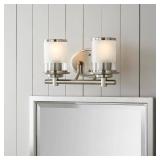 Truitt 14.2 in. 2-Light Brushed Nickel Modern Transitional Vanity with Frosted and Clear Edge Glass Shades