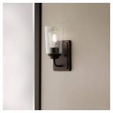 Hampton Bay Evangeline 4.5 in. 1-Light Modern Bronze Indoor Wall Farmhouse Sconce with Clear Seeded Glass Shade