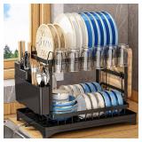 Dish Drying Rack for Kitchen Counter, 2-Tier Stainless Steel Dish Drainer with Drainboard & Utensil Holder, Large Capacity Metal Kitchen Dishes Drying Rack Plate Organizer for Bowls/Cups/Bottles