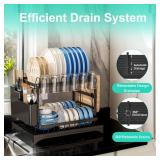 Dish Drying Rack for Kitchen Counter, 2-Tier Stainless Steel Dish Drainer with Drainboard & Utensil Holder, Large Capacity Metal Kitchen Dishes Drying Rack Plate Organizer for Bowls/Cups/Bottles