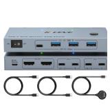 USB C KVM Switch 2 Monitors 2 Laptops, 4K@60Hz USB C Dual Monitor KVM Switch for 2 laptops to Share 2 Monitor and 4 USB3.0 Devices, 80W PD Charging, Wired Remote and Cables Included