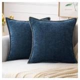 MIULEE Pack of 2 Couch Throw Pillow Covers 18x18 Inch Dark Blue Farmhouse Decorative Pillow Covers with Stitched Edge Soft Chenille Solid Dyed Spring Pillow Covers for Sofa Bed Living Room