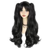 ANOGOL Hair Cap+ Black Pigtail Wigs Nadja Wig Rin Tohsak Wig Long Black Cosplay Wigs Women Girls Lolita 2 Ponytails with Clips Synthetic Hair for Halloween Costume Party