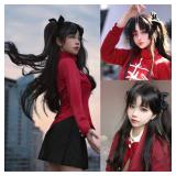 ANOGOL Hair Cap+ Black Pigtail Wigs Nadja Wig Rin Tohsak Wig Long Black Cosplay Wigs Women Girls Lolita 2 Ponytails with Clips Synthetic Hair for Halloween Costume Party