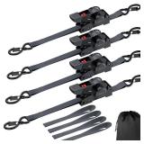 Justech 4 Pack Retractable Ratchet Straps, 1 in x 11.6 ft-1411 lbs Break Strength, Heavy Duty Auto Ratchet Tie Down Straps with Soft Loops & Storage Bag for Motorcycle, Truck, Trailer, Cargo Van, Boat