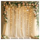 Fomcet Tulle Backdrop Curtains with Lights String 10FT X 8FT Champagne Sheer Curtain with Lights Tulle Curtains Backdrop for Wedding Birthday Party Photo Shoot (2 Panels 5x8FT)