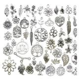 Youdiyla 100pcs Mix Silver Tree Flower Charms Collection, Bulk Mini Small Little Charms Metal Pendant Craft Supplies Findings for Necklace and Bracelet Jewelry Making (HM291)