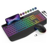Wireless Keyboard and Mouse Combo - 9 Backlit Effects, RGB, Ergonomic Wrist Rest, Phone Holder, 2.4G Full Size, Rechargeable, Sleep Mode, Quiet Keyboard Set for Computer, PC, Laptop, Mac, Windows