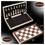 AMEROUS 15 Inches Magnetic Wooden Chess Set - 2 Extra Queens - Folding Board - Pieces Storage Slots, Handmade Portable Travel Chess Game - Beginner Chess Set for Kids, 6 up Age