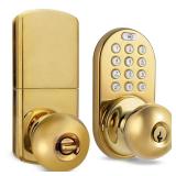 MiLocks TKK-02P Digital Door Knob Handle Lock with Electronic Keypad - Keyless Entry Smart Door Lock with Adjustable Latch Locks, Audible Tones for Interior Front Doors & More, Polished Brass