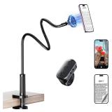 Magnetic Phone Holder for Bed Laying Down with Remote Page Turner, Bedside Gooseneck Phone Stand with Clicker for Reading, Flexible Mount with Wireless Scrolling Ring for iPhone/Tiktok/Short Video