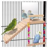 KyoukiBird Perch Platform Bird Toys with Bird Mirror Climbing Ladder Swing, Parakeet Cage Accessories - for Cockatiels, Lovebirds, Budgies,Pacific Parrotlets,Finch,Canaries - Wooden Play Gym