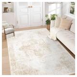 Area Rug 5x7 Washable Rug, Vintage Boho Medallion Rugs Non-Slip Soft Low Pile Large Distressed Rug Indoor Retro Carpet for Living Room Bedroom Dining Room Home Office (Beige, 5