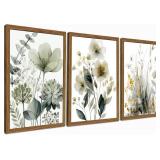 Wood Framed Sage Green Botanical Wall Art Set of 3, Boho Floral Canvas Wall Decor Paintings, Minimalist Flower Posters Prints for Bedroom Bathroom Living Room Stockholm Room Decor Home 12x16 Inch