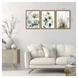 Wood Framed Sage Green Botanical Wall Art Set of 3, Boho Floral Canvas Wall Decor Paintings, Minimalist Flower Posters Prints for Bedroom Bathroom Living Room Stockholm Room Decor Home 12x16 Inch