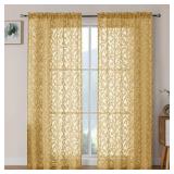 Gold Sheer Curtains 72 Inches Long for Bedroom 2 Panels Set, Light Filtering Clip Jacquard Textured Living Room Curtains, Rod Pocket Leaves Door Drapes, Each 40Wx72L Inch - Retail: $12
