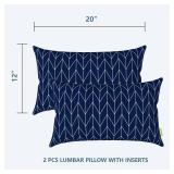 Set of 2 Patio Lumbar Pillows, 12x20 Fade Resistant Outdoor Lumbar Pillow with Inners, Fluffy Decorative Garden Lumbar Cushions for Home Patio Coach Sofa Use, Herringbone Navy