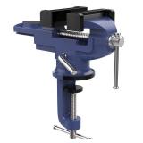 Table Vise 3 Inch, 360° Swivel Base Universal Home Vise Portable Bench Clamp, Clamp-on Vise Bench Clamps Fixed Tool for Woodworking, Metalworking, Cutting Conduit, Drilling, Sawing, Blue - Retail: $3