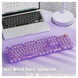 Typewriter Style Mechanical Gaming Keyboard White LED Backlit 104-Key NKRO Pink Switches Retro Round Keycaps Golden Ring Volume Knob Metal Panel Wired USB-C Detachable Cable, Purple - Retail: $50