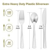 200 Count Heavy Duty Silver Plastic Silverware, 100 Forks, 50 Spoons, 50 Knives, BPA-Free, Heat Resistant, Disposable Plastic Utensils Set Cutlery Set, Plasticware Bulk - Retail: $24