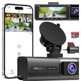 3 Channel 5G WiFi Dash Cam, 4K+1080P+1080P Dash Cam Front and Rear Inside with 64GB Card, IPS Screen, G-Sensor, Loop Recording, Parking Monitor, 170° Wide Angle, IR Night Vision, WDR, Silver - Retail