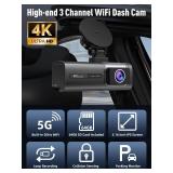 3 Channel 5G WiFi Dash Cam, 4K+1080P+1080P Dash Cam Front and Rear Inside with 64GB Card, IPS Screen, G-Sensor, Loop Recording, Parking Monitor, 170° Wide Angle, IR Night Vision, WDR, Silver - Retail