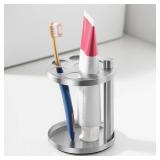 Stainless Toothbrush Holder Stand for Bathroom: Stainless Steel Ventilated Organizer with Slots for Electric Toothbrushes, Toothpaste, Razors & Small Comb, Unique Footprint Base Design, Brushed Silver