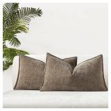 Set of 2 Stone Chenille Lumbar Throw Pillow Covers 16x24 Inch Soft Textured Decorative Cushion Cases for Couch Sofa Bed Solid Home Decor Pillowcases - Retail: $18