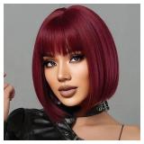 Wine Red Bob Wig With Bangs 12 Inch Burgundy Wig Short Synthetic Fiber Bob Wigs for Women Short Bob Wigs and Halloween Cosplay Wig for Daily Life Colorful Wigs With One Cap (Wine Red) - Retail: $21