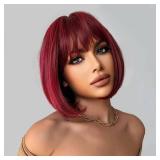 Wine Red Bob Wig With Bangs 12 Inch Burgundy Wig Short Synthetic Fiber Bob Wigs for Women Short Bob Wigs and Halloween Cosplay Wig for Daily Life Colorful Wigs With One Cap (Wine Red) - Retail: $21