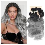 Ombre Color Hair Synthetic Hair Bundles With Closure Body Wave 1820"22" with Closure Heat Resistant Fiber Hair Colorful Synthetic hair Extensions (Black& Grey& Light Grey) - Retail: $20"
