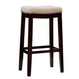 Linon Claridge Backless Nailhead Saddle Barstool Linen: Upholstered, Rubberwood Legs, Fixed Height 32.25\ - Retail: $188"