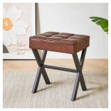 IBUYKE Square Makeup Stool with X-Leg Foot Rest, PU Footrest, Ottoman Seat Vanity Stool, Multi-Use as Small Side Table, for Bedroom, Living Room, Dark Brown LG-71Z - Retail: $36