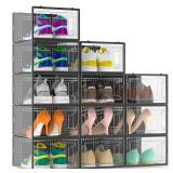 12 Pack X Large Shoe Storage Organizer for Closet, Modular Space Saving Shoe Boxes Clear Plastic Stackable Containers Display Case Bins with Lids, Black - Retail: $50