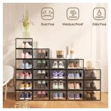 12 Pack X Large Shoe Storage Organizer for Closet, Modular Space Saving Shoe Boxes Clear Plastic Stackable Containers Display Case Bins with Lids, Black - Retail: $50