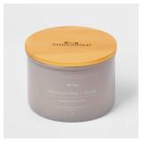 14oz Lidded Gray Glass Jar Crackling Wooden 3-Wick Candle with Clear Label Eucalyptus + Palm - Thresholdâ¢: Soy & Paraffin Wax Blend - Retail: $19