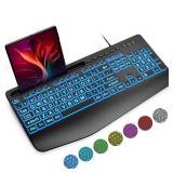 SABLUTE Large Print Backlit Keyboard, Wired USB Computer Keyboards with 7-Colors Backlight, Wrist Rest, Phone Holder, Oversized Letter Keys Easy to See and Type for Laptop, PC, Windows, Black - Retail