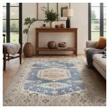 Kokia Area Rugs Living Room 5x7 Ultra-Thin No Pile Washable Solani Sky Blue Large Area Rug Bedroom Geometric Tribal Distressed Lightweight Carpet for Dining Room Home Office - Retail: $116