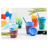 Ello Kids Plastic Reusable Color Changing Cups with Twist on Splash-Proof Lids and Straw, BPA Free, Dishwasher Safe, 12oz, Rainforest, 4 Pack - Retail: $11
