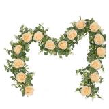 Dolicer 2Pcs 13Ft Artificial Eucalyptus Garlands with Flowers - 8 Roses, Faux Floral Greenery Garlands Fake Flowers Vines for Wedding Table Centerpieces Arch Party Ceremony Backdrop Decor (Champagne) 