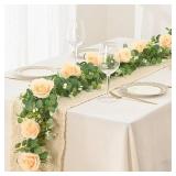 Dolicer 2Pcs 13Ft Artificial Eucalyptus Garlands with Flowers - 8 Roses, Faux Floral Greenery Garlands Fake Flowers Vines for Wedding Table Centerpieces Arch Party Ceremony Backdrop Decor (Champagne) 