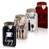 Yalikop 4 Pcs Wooden Kitchen Wall Decor Mason Jar Shaped Eat Drink Enjoy Love Hanging Sign Rustic Home Decor for Farmhouse Dining Room Decoration(Retro Style,White, Brick Red, Light Brown, Black) - Re