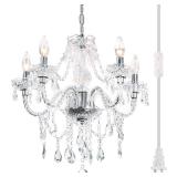 PAPAYA Plug-in 5 Light Crystal Hanging Pendant Lights Acrylic Chandelier with Clear Cord & On/Off Switch H19 D19.7 for Kitchen Island Girls
