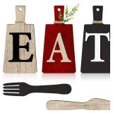 Jetec Cutting Board Eat Sign Set Hanging Art Kitchen Eat Sign Fork and Spoon Wall Decor Rustic Primitive Country Farmhouse Kitchen Decor for Home Decoration(Red, Beige, Gray) - Retail: $20