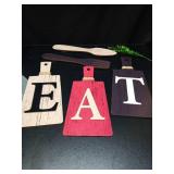 Jetec Cutting Board Eat Sign Set Hanging Art Kitchen Eat Sign Fork and Spoon Wall Decor Rustic Primitive Country Farmhouse Kitchen Decor for Home Decoration(Red, Beige, Gray) - Retail: $20