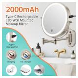 Rechargeable Wall Mounted Lighted Makeup Vanity Mirror 8 Inch Double Sided 1X 10X Magnifying Bathroom Mirror, 3 Color Lighting, Touch Screen Dimming, Extended Arm 360 Rotation Shaving Light up Mirror 