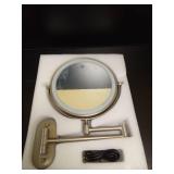 Rechargeable Wall Mounted Lighted Makeup Vanity Mirror 8 Inch Double Sided 1X 10X Magnifying Bathroom Mirror, 3 Color Lighting, Touch Screen Dimming, Extended Arm 360 Rotation Shaving Light up Mirror 