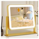 ROLOVE Gold Vanity Mirror with Lights, 14\"Ã12\" LED Makeup Mirror, Lighted Makeup Mirror with Lights, Smart Touch Control 3 Colors Dimmable, Lighted Up Mirror for Makeup Desk, 360Â° Rotation - R
