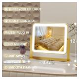 ROLOVE Gold Vanity Mirror with Lights, 14\"Ã12\" LED Makeup Mirror, Lighted Makeup Mirror with Lights, Smart Touch Control 3 Colors Dimmable, Lighted Up Mirror for Makeup Desk, 360Â° Rotation - R