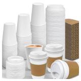 Ginkgo 100 Pack 12 oz Leak-Proof Coffee Cups with Lids and Sleeves Disposable To Go Hot Travel Paper Cups, Hot Chocolate, Cocoa, Coffee Bar Accessories - Retail: $24